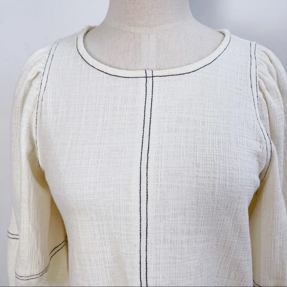 Anthropologie White 3/4 Puff Sleeve Light Cotton Blend Top Blouse Sz XS